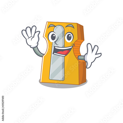 Waving friendly pencil sharpener cartoon character design