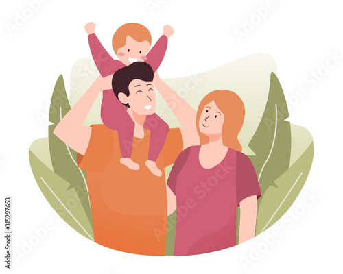 Happy family illustration. Mother, father and their little kid. Father giving son piggyback ride