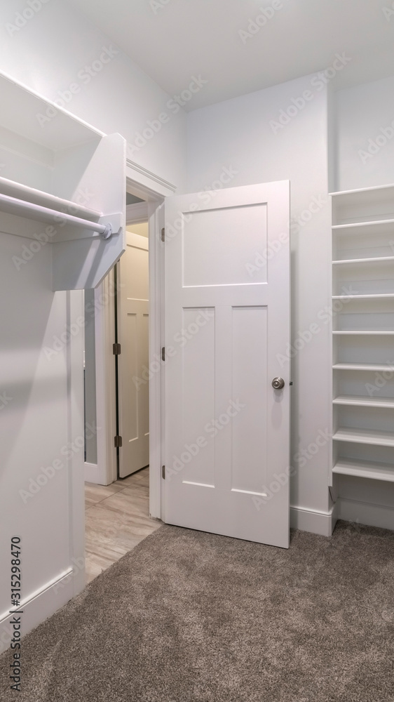 Fototapeta premium Vertical Interior of an empty walk-in closet or wardrobe