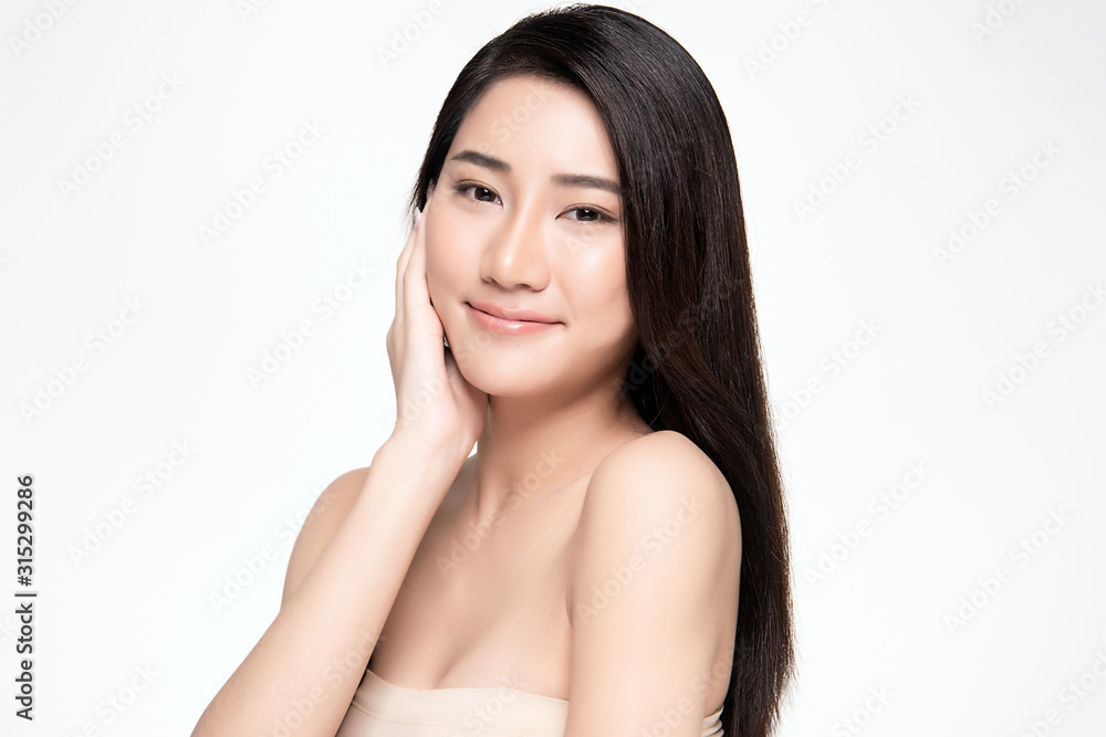 Portrait beautiful young asian woman clean fresh bare skin concept. Asian girl beauty face skincare and health wellness, Facial treatment, Perfect skin, Natural make up, on white background Portrait beautiful young asian woman clean fresh bare skin concept. Asian girl beauty face skincare and health wellness, Facial treatment, Perfect skin, Natural make up, on white background