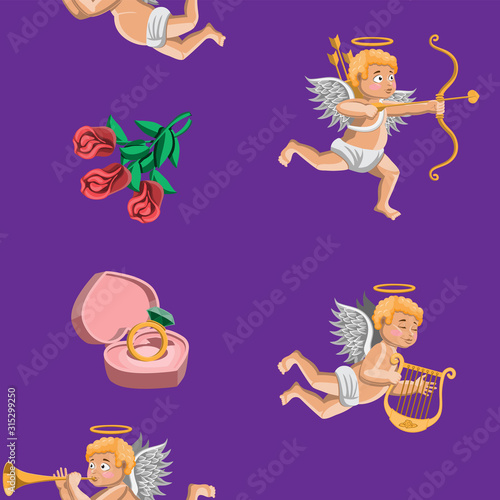 Seamless pattern with boys cupids ring heart flowers on purple background. Valentine s day. Cartoon. Vector image