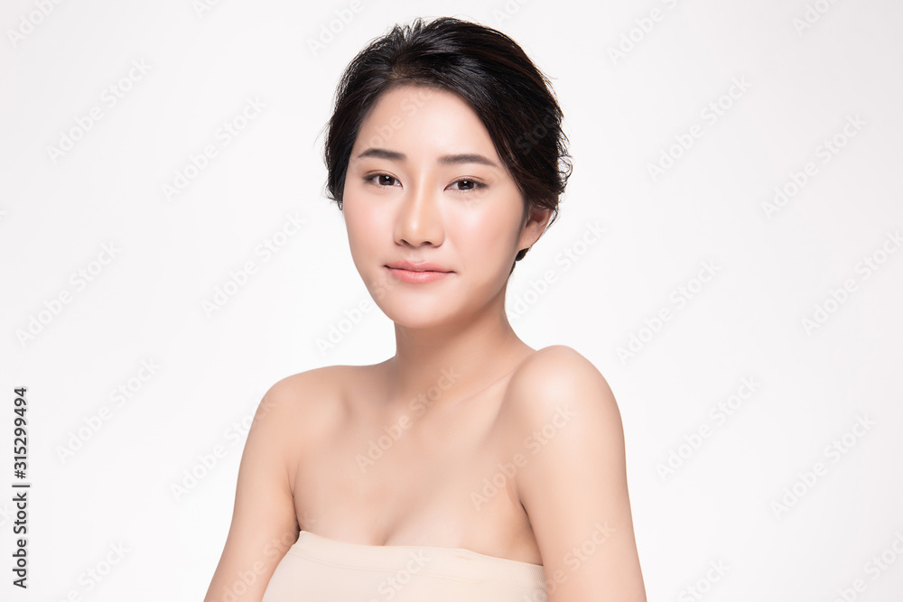 Portrait beautiful young asian woman clean fresh bare skin concept. Asian girl beauty face skincare and health wellness, Facial treatment, Perfect skin, Natural make up, on white background Portrait beautiful young asian woman clean fresh bare skin concept. Asian girl beauty face skincare and health wellness, Facial treatment, Perfect skin, Natural make up, on white background