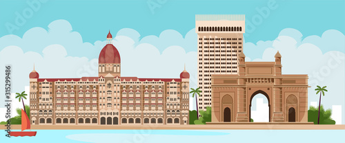 Mumbai, gateway of india and the Taj Mahal Hotel Mumbai, the view from sea vector