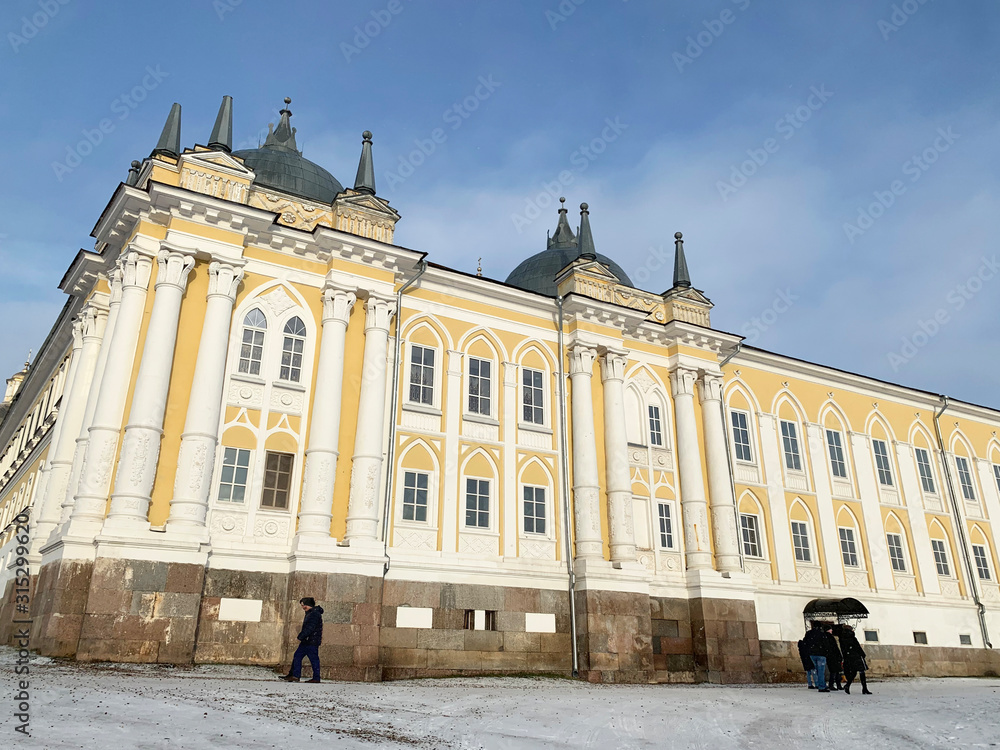 Nilo-Stolobenskaya (Nilov) hermitage-Orthodox monastery in winter in cloudy weather. Russia, Tver region
