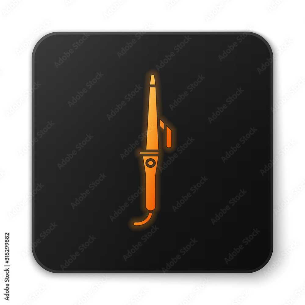 Orange glowing neon Curling iron for hair icon isolated on white  background. Hair straightener icon. Black square button. Vector  Illustration Stock Vector | Adobe Stock