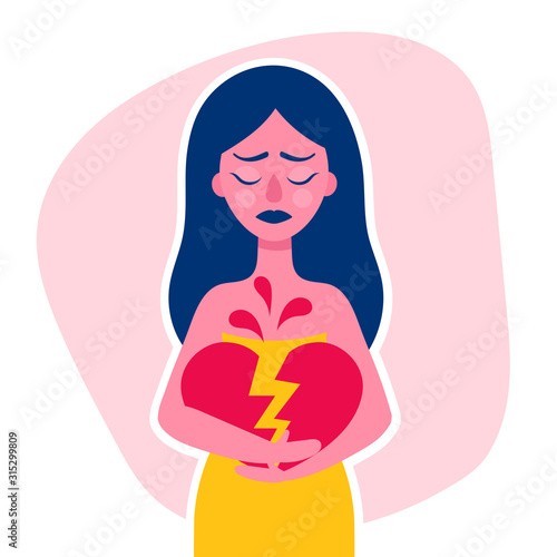 A sad young woman holds a broken heart in her hands.Divorce, breakup, unrequited love.Flat vector illustration for your article