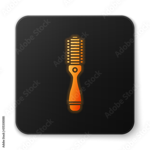 Orange glowing neon Hair dryer icon isolated on white background. Hairdryer sign. Hair drying symbol. Blowing hot air. Black square button. Vector Illustration