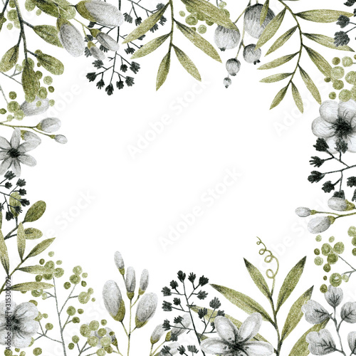 green and gray leaves branches and flowers  freehand drawing in pencil illustration  frame template for design of wedding invitations