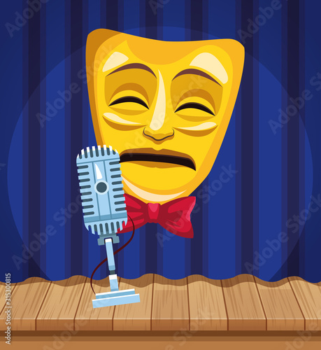 tragedy theater mask microphone wall brick stage stand up comedy show