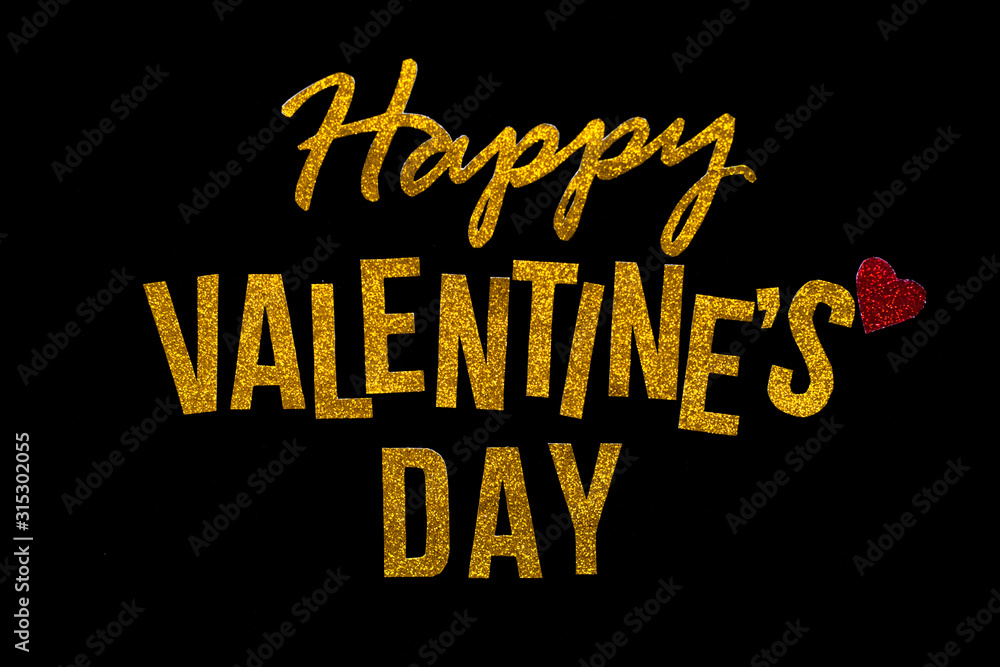 Golden text Valentines Day greeting card with red heart on black Background. romantic and Love concept.