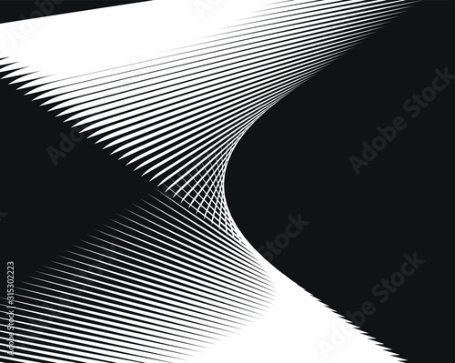  Abstract 3d background with optical illusion wave. Black and white horizontal lines with wavy distortion effect for prints, web pages, template, posters, monochrome backgrounds and pattern