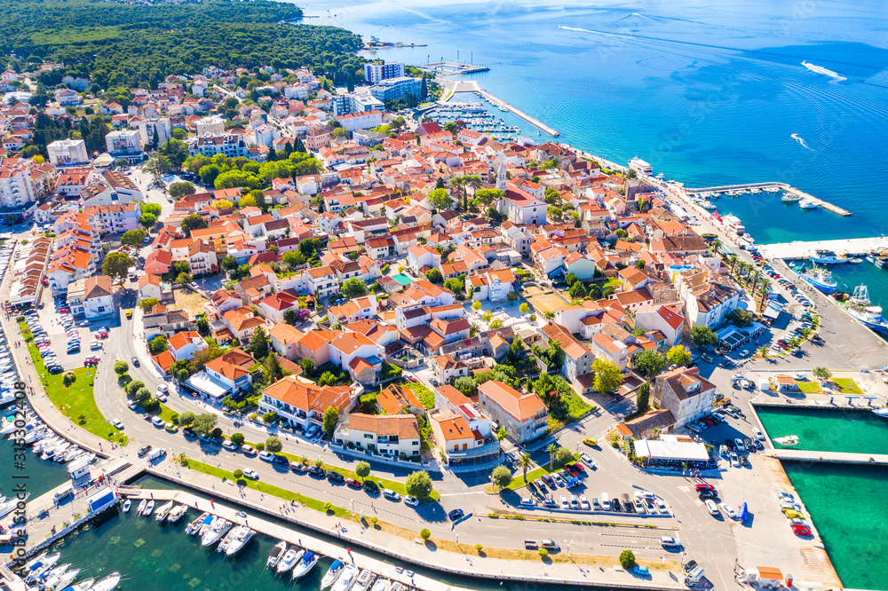 Croatia, aerial view of the town of Biograd, marina and historic town center, beautiful Adriatic seascape, tourist destination