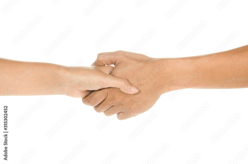 Man and woman shaking hands, isolated on white