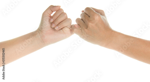 Foto two hand in pinky swear sign on white background
