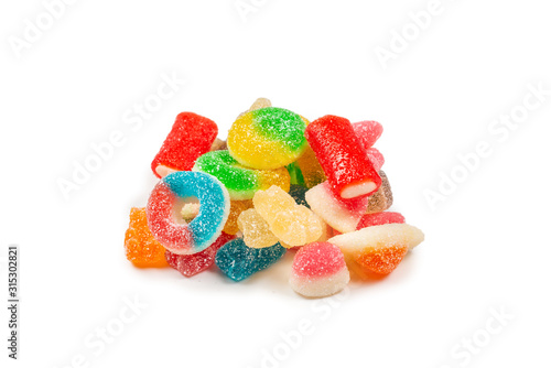 Assorted gummy candies. Top view. Jelly sweets. Isolated on white.