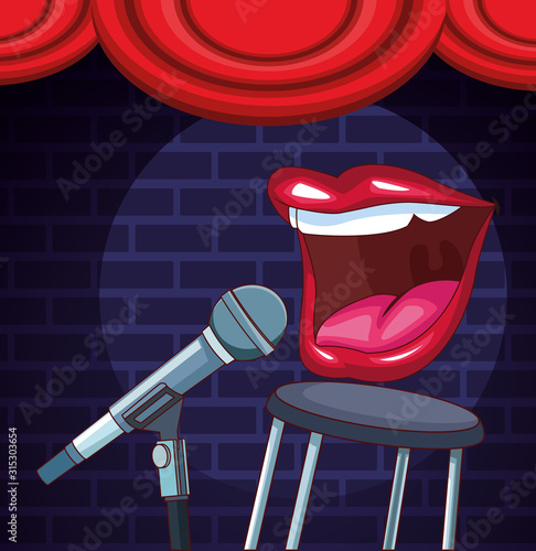 mouth microphone stool stage stand up comedy show