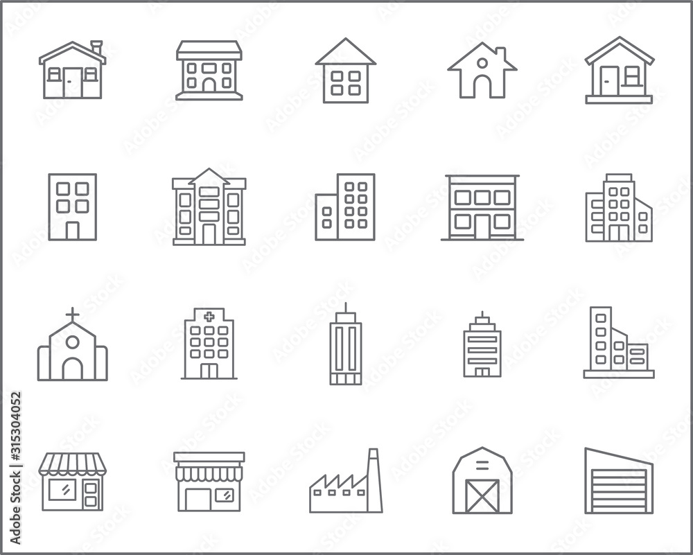 Set of building and real estate Icons line style. Included the icons as house, constructor, city, town, apartment, office and more. customize color, stroke width control , easy resize.