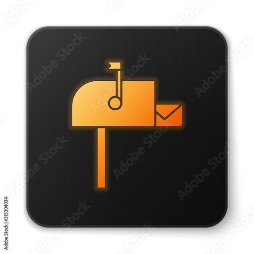 Orange glowing neon Open mail box icon isolated on white background. Mailbox icon. Mail postbox on pole with flag. Black square button. Vector Illustration