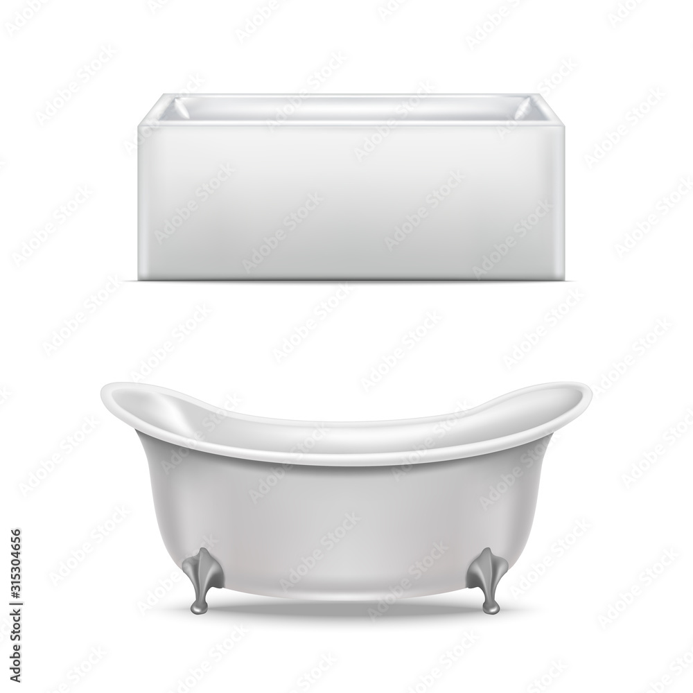 Realistic Detailed 3d White Blank Bathtub Template Mockup Set. Vector