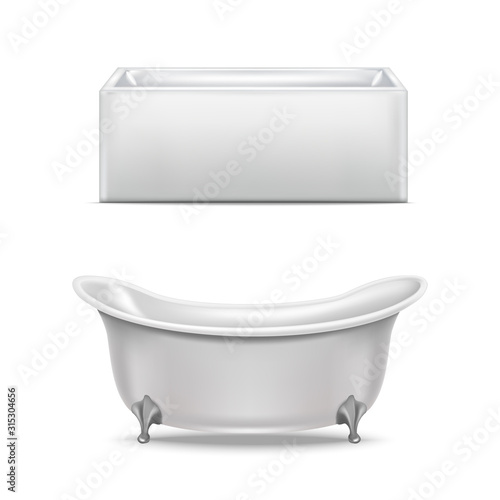 Realistic Detailed 3d White Blank Bathtub Template Mockup Set. Vector