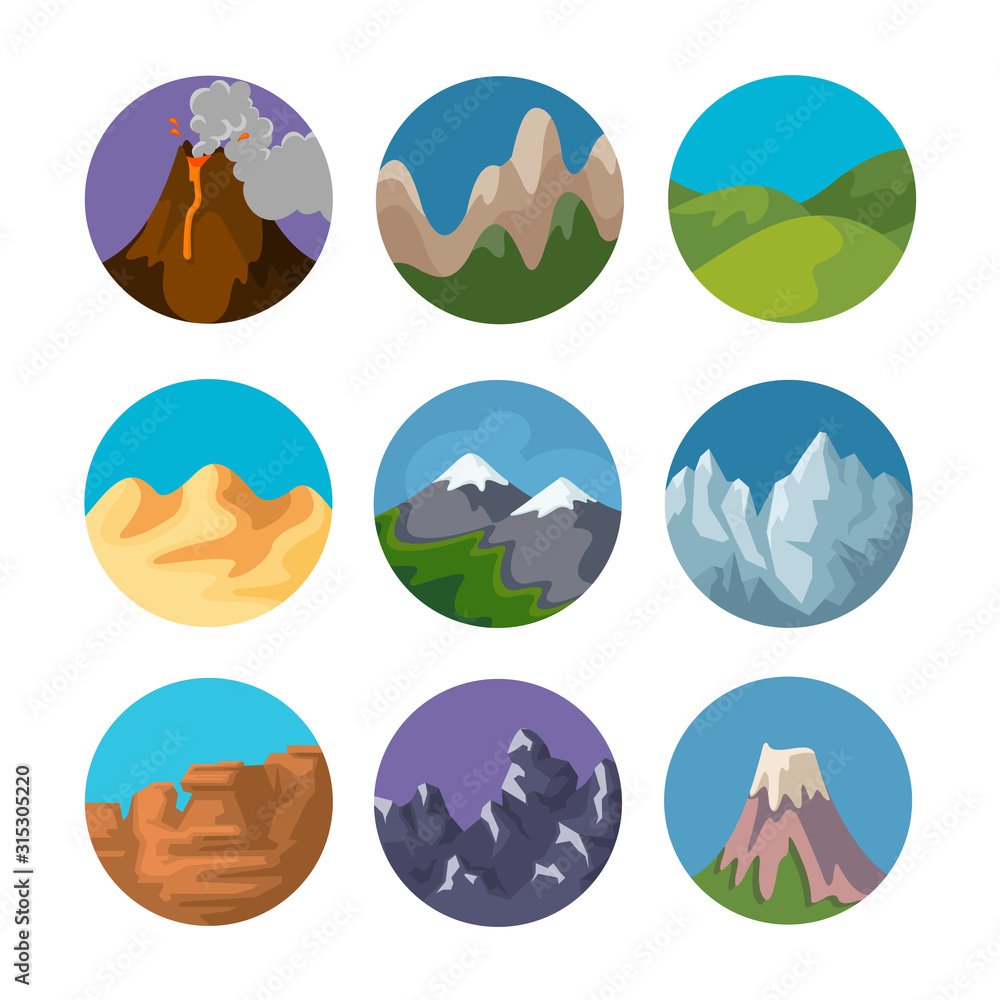 Cartoon Color Different Mountain Sign Icon Set. Vector