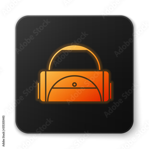 Orange glowing neon Sport bag icon isolated on white background. Black square button. Vector Illustration