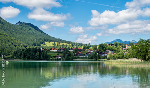 weissensee lake in the bavarian alps near fuessen, allgaeu, bavaria, germany