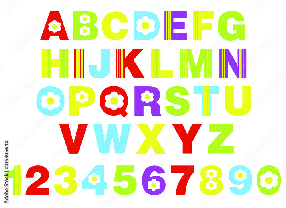 alphabet for children. Kids learning material. Card for learning alphabet and numbers. colored letters and numbers with flowers