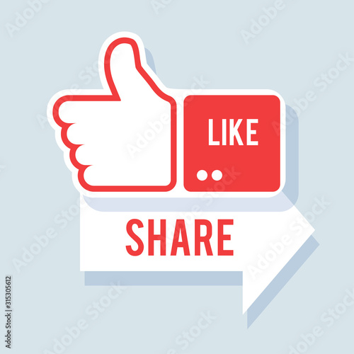 Like and share icon. Social symbol in flat style with shadow. Vector web element, eps 10