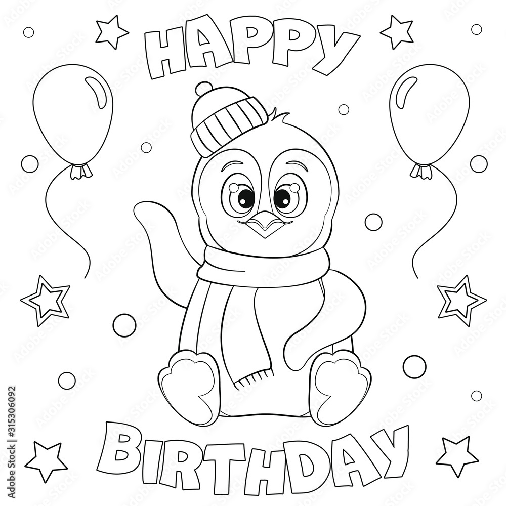 Coloring page, lettering "Happy Birthday"; cute penguin for antistress
