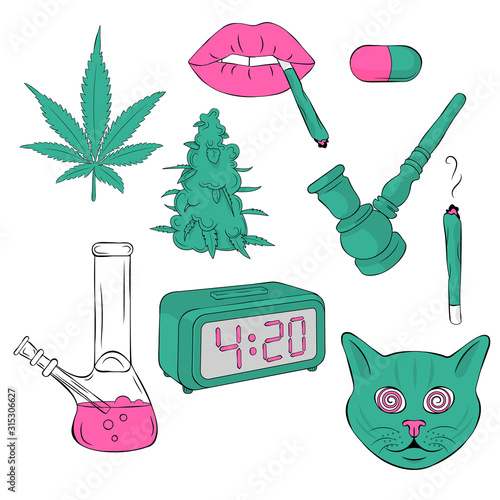 Vector set with cannabis things and cat character