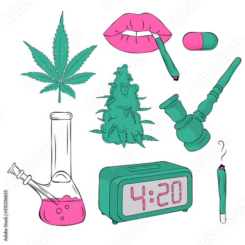 Vector set with cannabis and  accessories