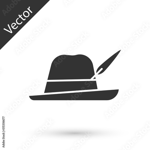 Grey Oktoberfest hat icon isolated on white background. Hunter hat with feather. German hat. Vector Illustration