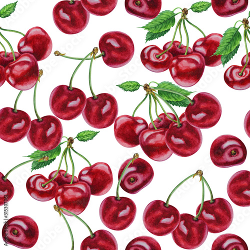 Cherry berries with leaves  seamless pattern  hand drawn watercolor.