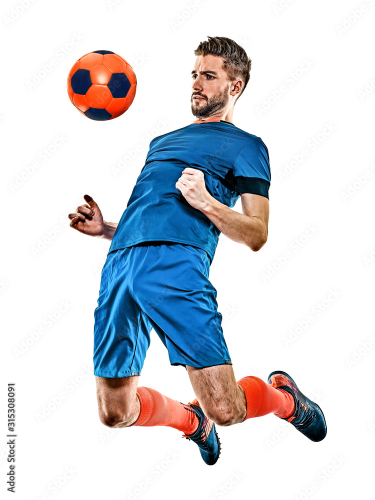 one caucasian youg soccer player man standing in studio isolated on ...