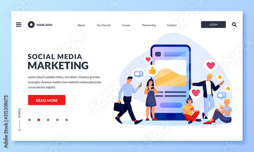 Social media marketing strategy to increase audience followers, customers. Vector illustration