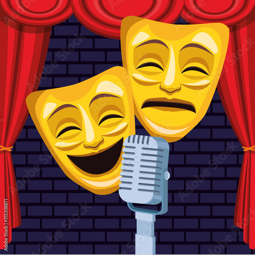 theatrical masks microphone curtains stage stand up comedy show