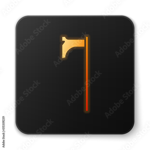 Orange glowing neon Medieval axe icon isolated on white background. Battle axe, executioner axe. Medieval weapon. Black square button. Vector Illustration