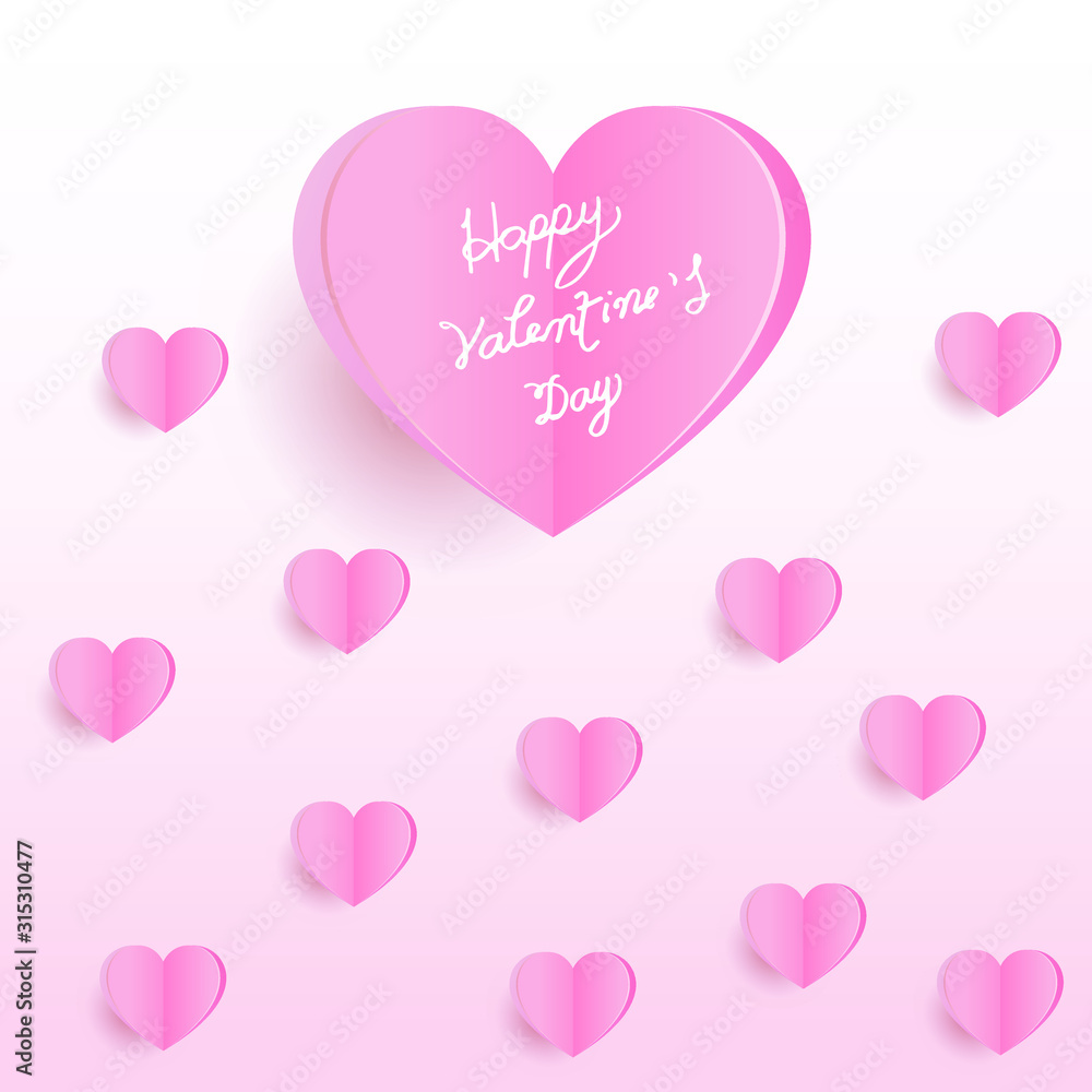 Paper cut of Valentine postcard with paper flying hearts, Vector symbols of love for Happy Valentine's Day greeting card design.