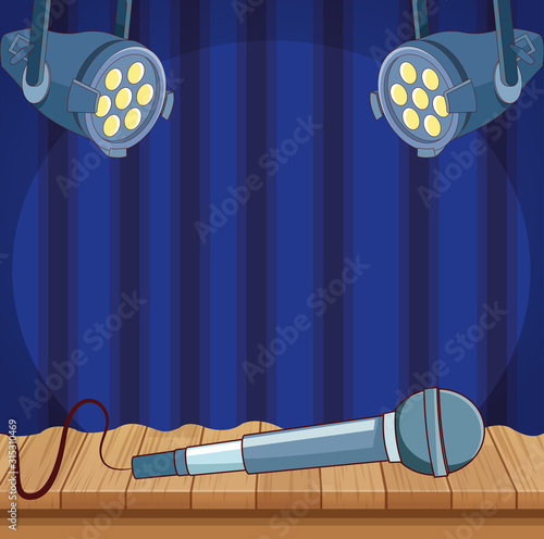 microphone in wooden floor spotlights stage stand up comedy show