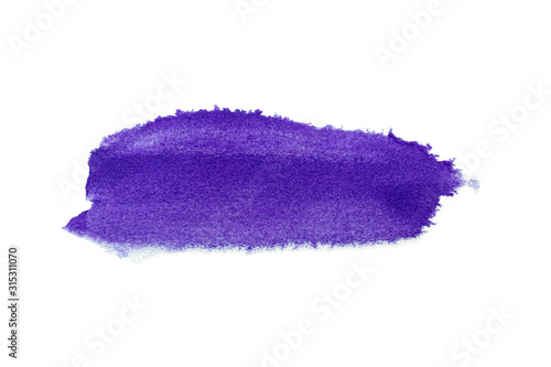 Purple watercolor on white background.The color splashing in the paper.It is a hand drawn. For text, element for decoration.