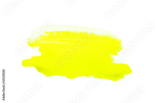 Yellow watercolor on white background.The color splashing in the paper.It is a hand drawn. For text, element for decoration.