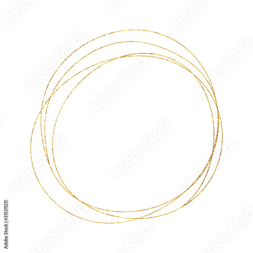 Gold Geometric Crystal Frame with Detailed Vector Foil Texture. Isolated Golden Thin Line Art or Outline Linear Circle Scribble Textured Frame. Art Deco and Modern Style. Sparkle Glitter Dust