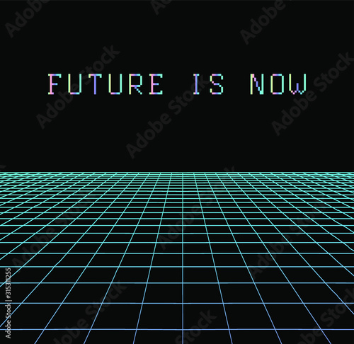 Room or space in virtual reality with 3d perspective laser grid. Retrofuturistic vaporwave and retrowave style like in old 80s-90s acrade games.