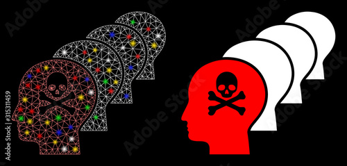 Glossy mesh kill all humans icon with glow effect. Abstract illuminated model of kill all humans. Shiny wire frame triangular mesh kill all humans icon. Vector abstraction on a black background.