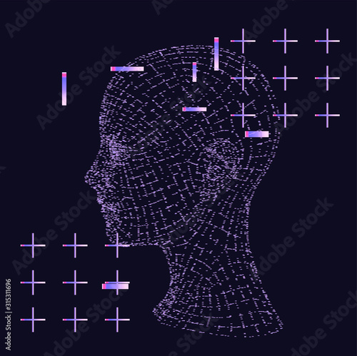 3D model of human head made of particles and dots. Cyberpunk retrofuturistic style illustration for Artificial Intelligence and Virtual Reality subject.