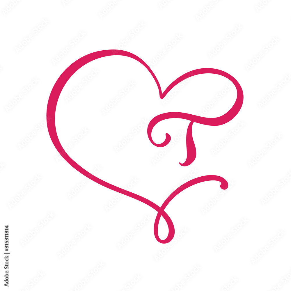Vector Vintage floral monogram letter T. Calligraphy element logo Valentine flourish frame. Hand drawn heart sign for page decoration and design illustration. Love wedding card or invitation