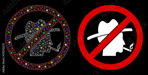 Flare mesh no smoking redneck icon with lightspot effect. Abstract illuminated model of no smoking redneck. Shiny wire frame polygonal mesh no smoking redneck icon.