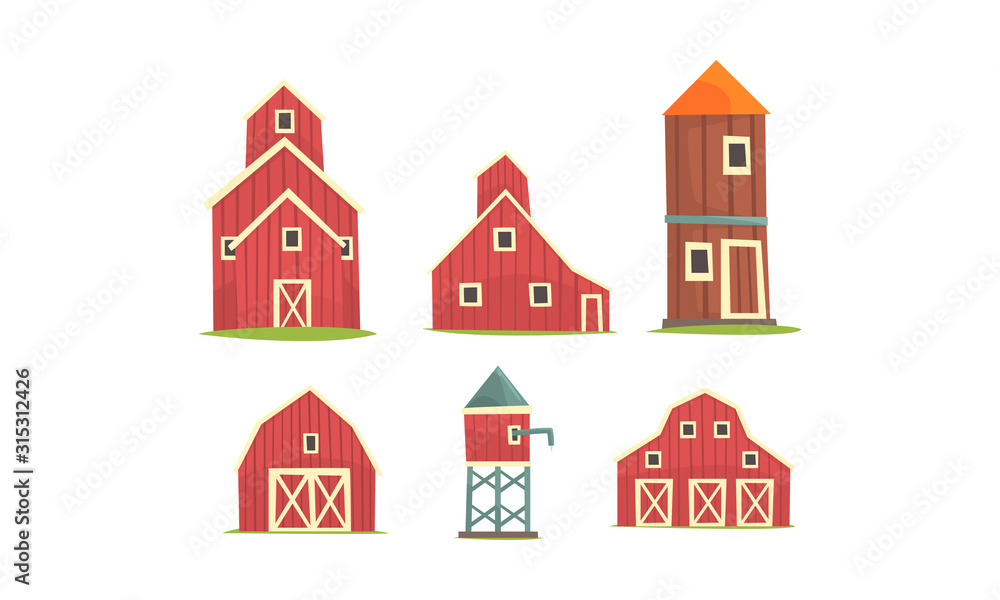 Rural Farm Buildings Collection, Agriculture Industry and Countryside Elements Vector Illustration