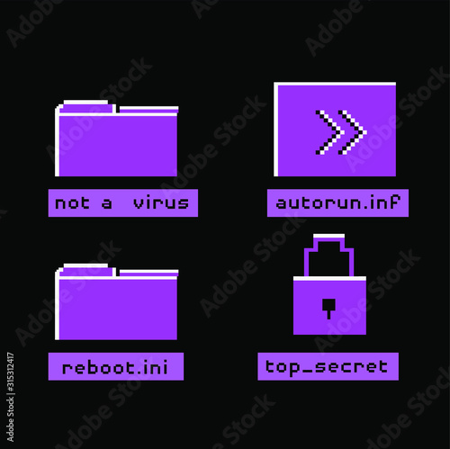 Set of icons in Pixel art style. Malware executive program or hack attack concept.